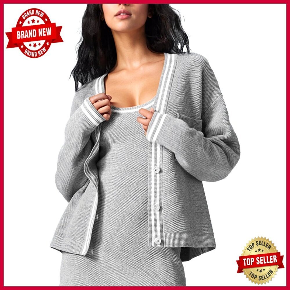 Oversized V-Neck Cardigan Sweater with Pockets, Lightweight Knit, Button Front